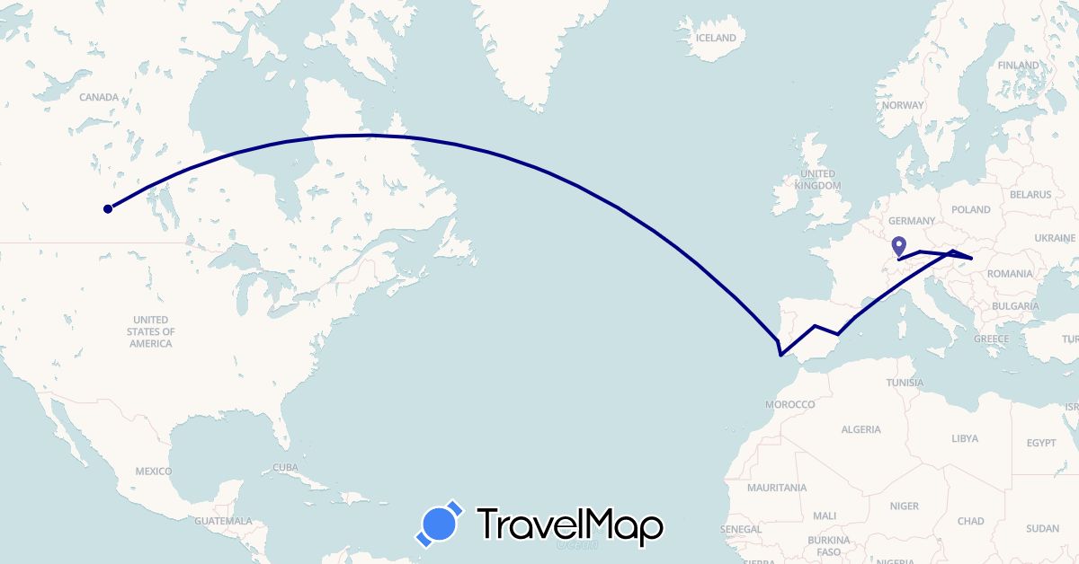 TravelMap itinerary: driving in Austria, Canada, Switzerland, Germany, Spain, Hungary, Portugal (Europe, North America)